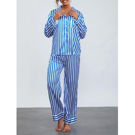 Edhomenn Women's 2 Piece Christmas Pajama Sets Long Sleeve Striped Shirts with Pants Casual Sleepwear Loungewear (B-Blue, XL)