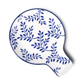 Magclay Porcelain Spoon Rest, 5.5" Ceramic Spoon Holder for Stove Top and Kitchen Counter, Blue and White Utensil Rest with Leaf Pattern, Great Cooking Gifts for Friends, Vintage Kitchen Decorative