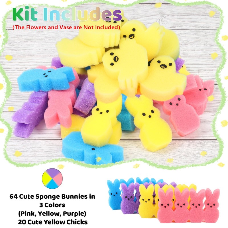 Lettry 64 Sponge Bunnies & 20 Yellow Chicks, Easter Vase