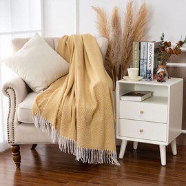 Gealaek Decorative Herringbone Faux Cashmere Throw Blanket Yellow Cheveron Fringe Lightweight Fuzzy Soft Cozy Throws for Sofa Bed Farmhouse Throw Blanket 50" x 60"