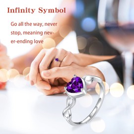 Amethyst Birthstone February Ring for Women - Shysnow Infinity Promise Ring 925 Sterling Silver Adjustable Open Purple Heart Cubic Zirconia Dainty Simulated Gemstone Wedding Rings for Mothers