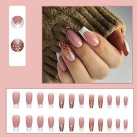 YoYoee Long Coffin False Nails French Press on Nails Bling Fake Nails Acrylic Ballerina Nails Tips for Women and Girls 24PCS