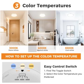 slochi 7 Inch Flush Mount Ceiling Light Fixtures, 3000k/4500k/6000K 3 Color Temperatures Selectable LED Ceiling Light, 15W 1500lm Ceiling Light for Bedroom Kitchen Dining Room (2 Pack, White)