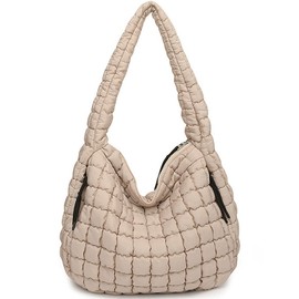 Bagtopia Puffer Tote Bag, Large Quilted Puffer Tote Bag, Lightweight Puffy Quilted Hobo Bag, Soft Padded Shoulder Bag, Puff Purse for Work,Gym,Travel, Khaki