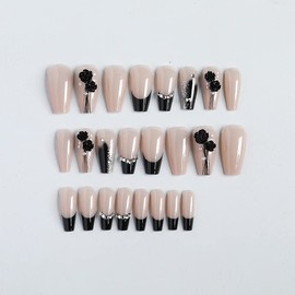 CATKIN Press On Nail Fasle Nail with design 24pcs Full Cover Reusable Acrylic Nails Artificial Nails for Women girls Long Square Decoration Fake Nails Black Rose