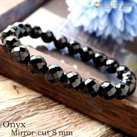 Men's Women's Onyx Bracelet, Black Agate, Natural Stone, Power Stone, 64 Sides Cut, 0.3 inches (8 mm), Glass Stone