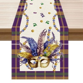 BOTB LIHM Mardi Gras Plaid Masquerade Mask Beads Celebration Carnival Cloth Table Runner Burlap Table Decoration for Home Kitchen Dining Dinner Indoor Holiday Farmhouse Decor 13x72 Inch