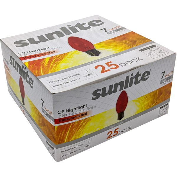 Sunlite 7C9/TR Incandescent 7-Watt, Intermediate Based, C9 Night Light Colored Bulb, Transparent Red, 25 Pack