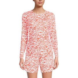 Lands' End Womens Long Sleeve Swim Tee Rash Guard Orange Mini Tropic Leaves Regular X-Small
