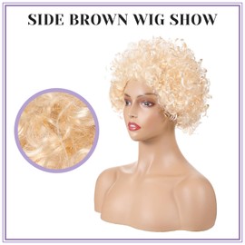 Canlierr 2 Pcs Afro Wig Short Curly Rocker Party Afro Wig 70s 80s Synthetic Fluffy Cosplay Fancy Funny Wigs for Men Women (Brown, White Gold)