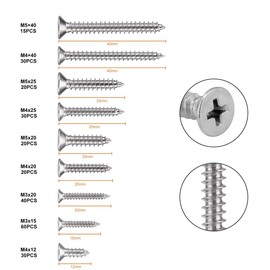 265pcs M3/M4/M5 Self-Tapping Screws Assortment Kit,304 Stainless Steel Wood Screw Phillips Flat Head with Storage Box | for Homemade Repairment Woodwork
