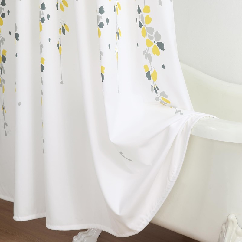 BESTRIPES Extra Long Fabric Shower Curtain, Yellow and Gray Floral