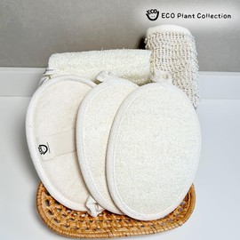 ECO Plant Collection Oval Natural Loofah Bath-Sponge-3 Count, Exfoliating Body Scrubber for Women and Men,Exfoliate & Soothe Face & Body, Biodegradable Fashion Storage Bag