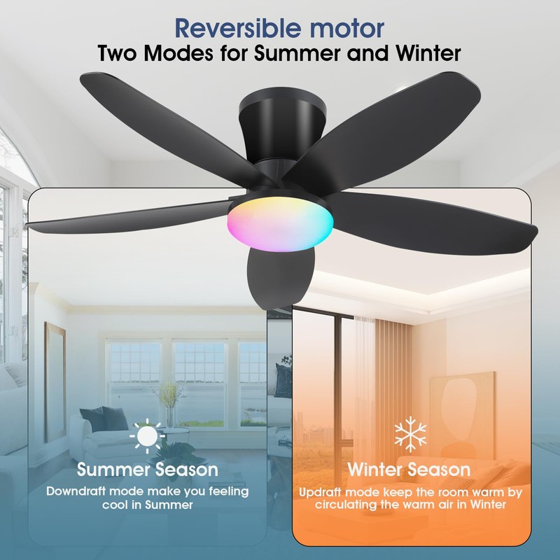 Surtime Flush Mount RGB Ceiling Fans with Lights-36 Low Profile