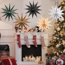 EASY JOY 5Pcs Christmas Paper Star Lanterns Decorations 9-Pointed Hanging Neutral Paper Stars 18 Inch Christmas Hanging Lamp Paper Decorations Wedding Christmas Home Party Supplies