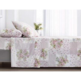 Chezmoi Collection Rosy 3-Piece Floral Patchwork Cotton Sheet Set Twin - Ivory Green Pink Flower Polka Dot Floral Patchwork Printed 100% Cotton Bed Sheets