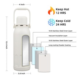 BJPKPK Insulated 50oz Thermal Dishwasher Safe Water Bottle with Lid and Carry Handle Stainless Steel Water Bottles for Outdoor Sports,Beige