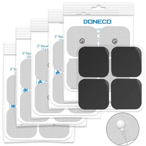 DONECO 2" Square TENS Unit Electrodes, Snap On Pads 12 Pairs (24Pads) Electro Pads for TENS Therapy - Universally Compatible with Most TENS Machine Models - Self-Adhering, Reusable and Premium Quality