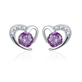 Salanda 925 Sterling Silver Heart Shaped Crystal CZ Stud Earrings，Purple Cubic Zirconia Earrings Studs,Love Earrings Cute Earrings Women Jewelry Girl Gifts for Valentine's Day, mm, Cubic Zirconia, No