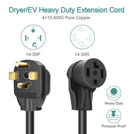 Rophor Dryer Extension Cord 4 Prong, 30 Amp NEMA 14-30P to 14-30R Extension Cord for Dryer Power Extension and EV Charging, 125V/250V, 10 Feet