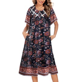 Ekouaer House Dress for Women Button Down Nightgown Short Sleeve Housecoat with pockets S-4XL,Black Flower,XL