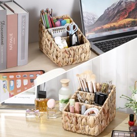 BTSKY 3 Slots Natural Woven Remote Control Holder for Desk Water Hyacinth Media TV Caddy Storage Holder Office Supply Storage Rack Desk Accessories Organizer For Living Room Bedroom Countertop