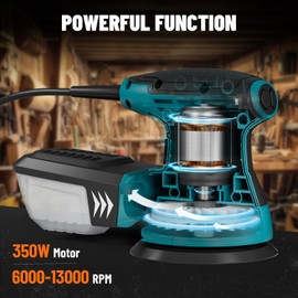 DOVAMAN ROS01A Orbital Sander, 3A Random Orbit Sander, 6 Variable Speeds, Up to 13000 rpm, 12pcs Sandpapers, 5in Sanding Pad, Dust Collection, Electric Sanders Perfect for Woodworking