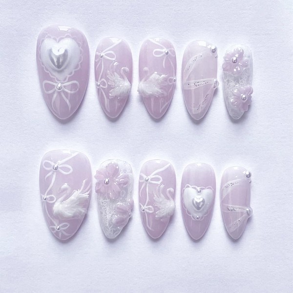 24pcs Flower Press on Nails Medium Almond Fake Nails with