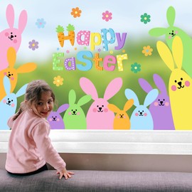 Whaline 6 Sheets Happy Easter Window Clings Cute Cartoon Bunny Rabbit Floral Reusable Window Decals for Home School Office Spring Party Supplies