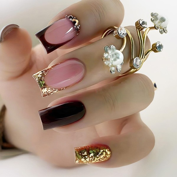 Gold Glitter Red French Tip Press on Nails Medium Square