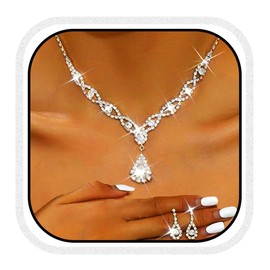 Unicra Silver Wedding Jewellery Sets Rhinestone Necklaces and Earrings Set Crystal Prom Costume Formal Pendant Jewellery Set for Women and Brides, One size, Alloy Steel, No Gemstone