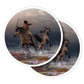 Vinyl Round Stickers (Set of 2) 10cm - Two Native American Warriors History USA for Laptops, Tablets, Luggage, Scrap Booking, Fridges #53506