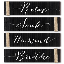 4 Pieces Farmhouse Bathroom Decor Wall Art Bathroom Sign Rustic Bathroom Decor Relax Soak Unwind Breathe Wood Sign for Home Spa Bathroom Decor, 11.8 x 3 Inch (Black)