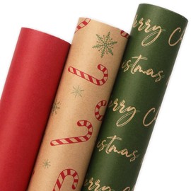 Ribbli 3 Rolls Kraft Candy Cane Wrapping Paper Rolls,Mini Roll-17 Inch x 10 Feet Per roll