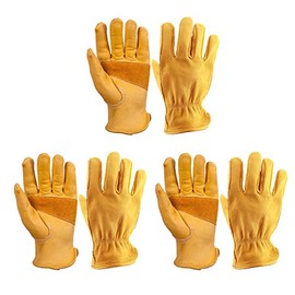 OZERO Flex Grip Leather Working Gloves Stretchable Wrist Tough Cowhide Work Glove 3 Pairs (Gold, Large)
