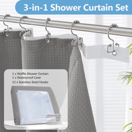 VANZAVANZU All-in-One Shower Curtain Set for Bathroom Enhanced 3D Waffle Fabric Shower Curtain with PEVA Waterproof Liner & 12 Upgraded Anti-Fall Hooks Heavy Duty Bath Tub Curtain 72"x72" (Grey)