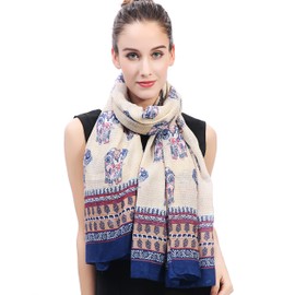 Lina & Lily Elephant Boho Print Women's Scarf Shawl Wrap Lightweight (Beige & Blue)