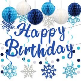 Snowflake Birthday Decorations, Happy Birthday Banner with Honeycomb Balls, Snowflake Hanging Swirl Streamers, Circle Dots Garland, Happy Birthday Party Decorations for Women Men Boys Girls (Blue)
