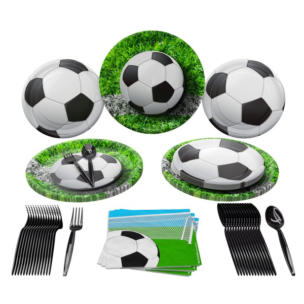 Soccer Party Supplies (100 Pieces for 16 Guests) - Soccer Party Decorations, Sports Themed Birthday Party Supplies, Soccer Ball Party Supplies, Soccer Plates and Napkins, Blue Orchards