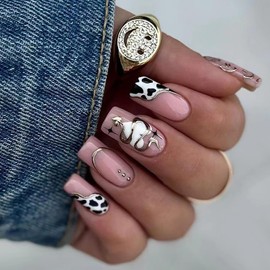 Press on Nails Medium Square Shapes 24Pcs Glossy Full Cover Artificial Pink Fake Nails with Gold Snake Line Designs Reusable Coffin Acrylic Fall False Nails Glue on Fingernails with Charm for Women