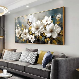 Wall Art Modern Flower Artwork Paintings White Blossom Gold Leaf Butterfly Landscape Picture wall Decor for Living Room Bedroom Kitchen 30"x60" with Framed - size: 75cmx150cm