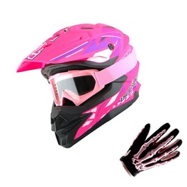 1Storm Motocross Adult Helmet Downhill Mountain Bike Helmet BMX MX ATV Dirt Bike Storm Style HF803; Storm Pink + Goggles + Skeleton Pink Glove Bundle