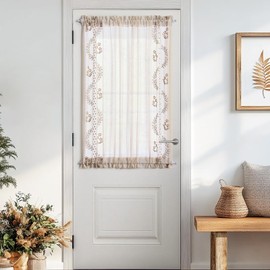 jinchan French Sheer Volie Door Curtain Embroidered Farmhouse Linen Curtain for Patio Door with Tie up Bows Light Filtering for Door Window Closet Rod Pocket 40 Inches 1 Panel Taupe on Beige