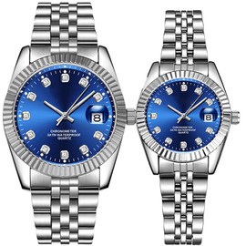 Couple Watches Fashion Silver Stainless Steel Pair Watches Men and Women Matching Quartz Wrist Watches Gifts Set of 2 (Luxury/Blue)