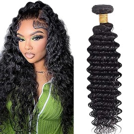 Jucames 24" Brazilian Curly Natural Deep Wave Human Hair Brazilian Unprocessed Extensions Double Natural Color Black