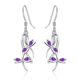 Amethyst Leverback Dangle Purple Earrings Dragonfly Fish Hook Earring for Women Fashion 925 Sterling Silver Hypoallergenic Jewelry