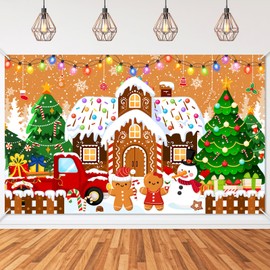 Mocsicka Gingerbread Christmas Backdrop Brown Gingerbread House Party Decorations Banner Candyland Xmas Holiday Party Decoration Supplies (Brown, 6x3.6ft)