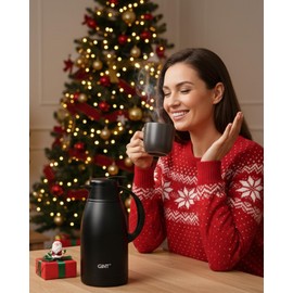 GiNT Stainless Steel Thermal Coffee Carafe, Double Walled Vacuum Water and Beverage Dispenser, 12 Hour Heat Retention, 65 OZ /1.9 Liter Black