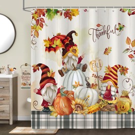 Bonhause Fall Gnome Shower Curtain, Thanksgiving Autumn Maple Leaves Pumpkin Buffalo Plaid Bathroom Curtain 72 x 72 Inch Polyester Fabric Waterproof Bath Curtain with 12 Hooks