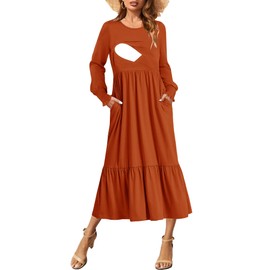 CzzzyL Women Nursing Dresses Fall Cuffs Long Sleeve Smocked Maternity A Line Breastfeeding with Pockets Orange,Large